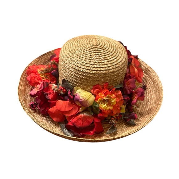 Eric Javits NWT Floral Straw Hat Wide Brim Boater Garden Party Derby Sta…